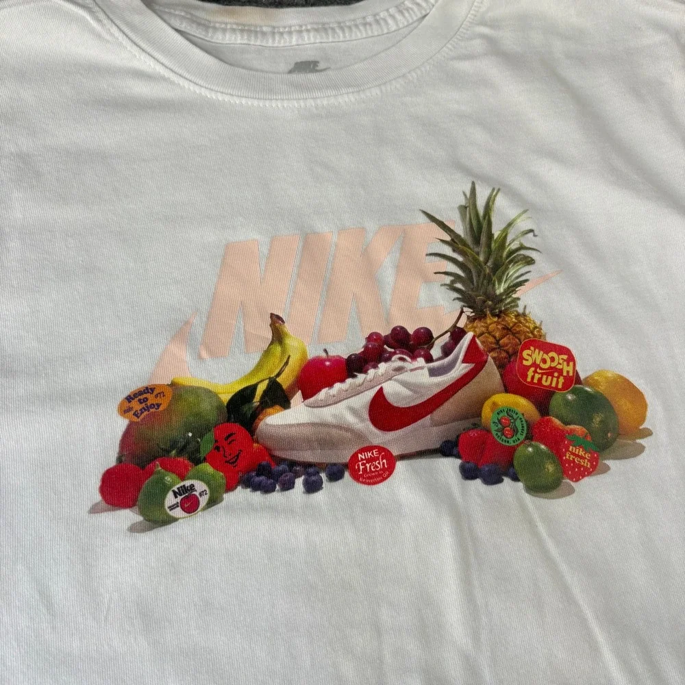 Nike Mens Medium White Swoosh Fruit Graphic T-Shirt Fresh Produce Sneaker Tee